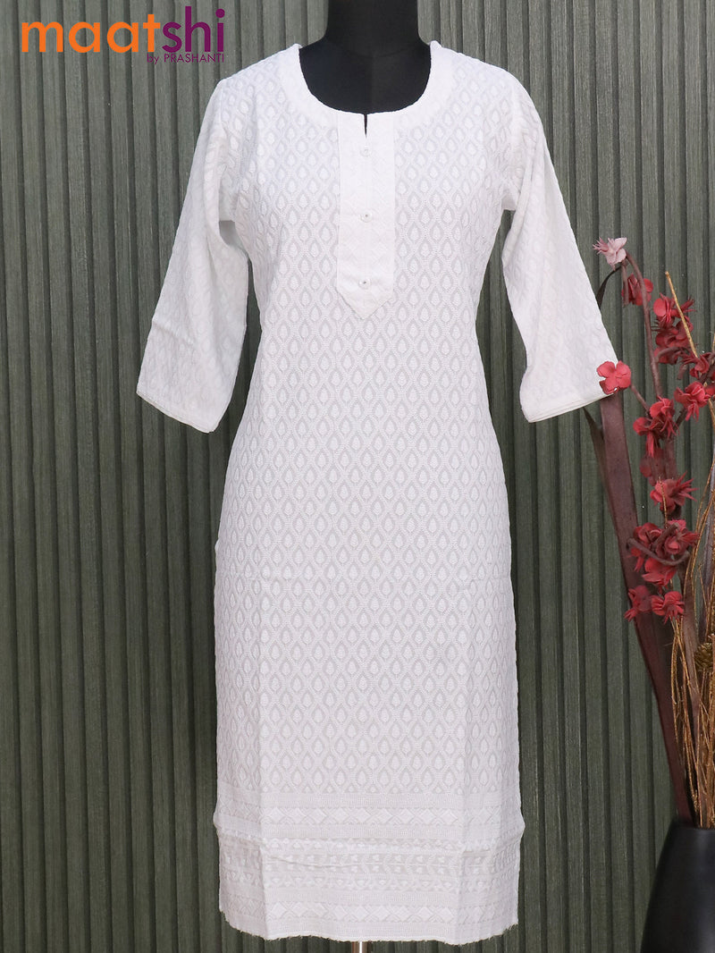 Soft cotton readymade kurti off white with allover chikankari work & simple neck pattern without pant
