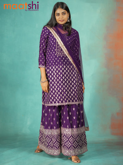 Silk georgette readymade kurti set deep purple with allover sequin & mirror work neck pattern and sharara pant & netted dupatta