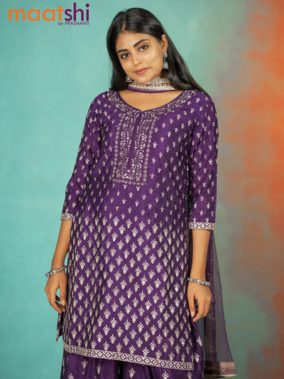 Silk georgette readymade kurti set deep purple with allover sequin & mirror work neck pattern and sharara pant & netted dupatta