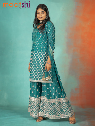 Silk georgette readymade kurti set peacock blue with allover sequin & mirror work neck pattern and sharara pant & netted dupatta