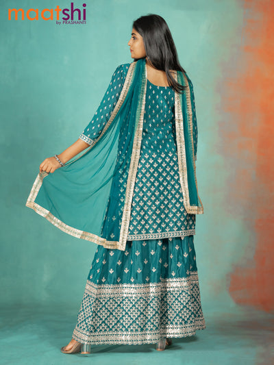 Silk georgette readymade kurti set peacock blue with allover sequin & mirror work neck pattern and sharara pant & netted dupatta