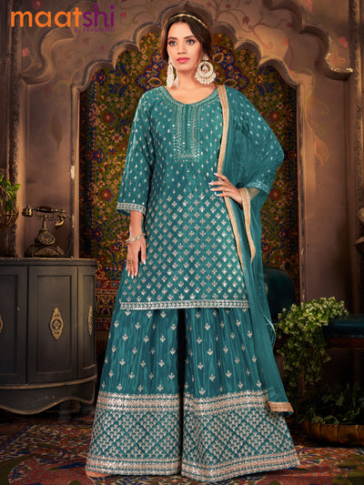 Silk georgette readymade kurti set peacock blue with allover sequin & mirror work neck pattern and sharara pant & netted dupatta