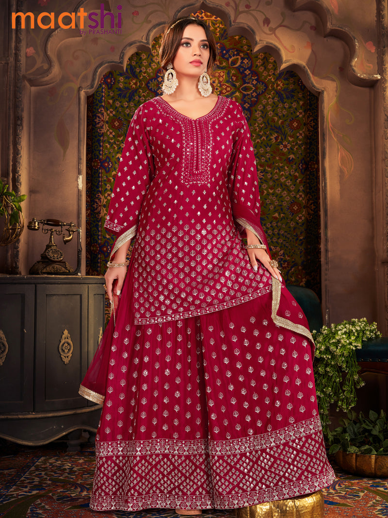 Silk georgette readymade kurti set red with allover sequin & mirror work neck pattern and sharara pant & netted dupatta