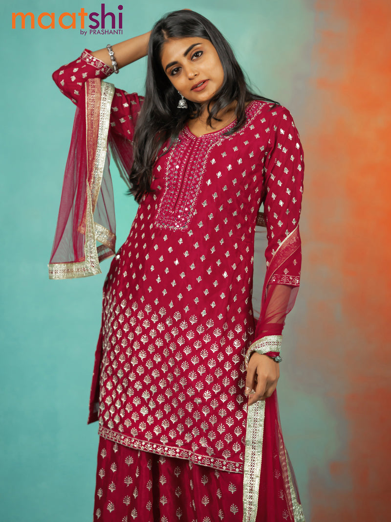 Silk georgette readymade kurti set red with allover sequin & mirror work neck pattern and sharara pant & netted dupatta