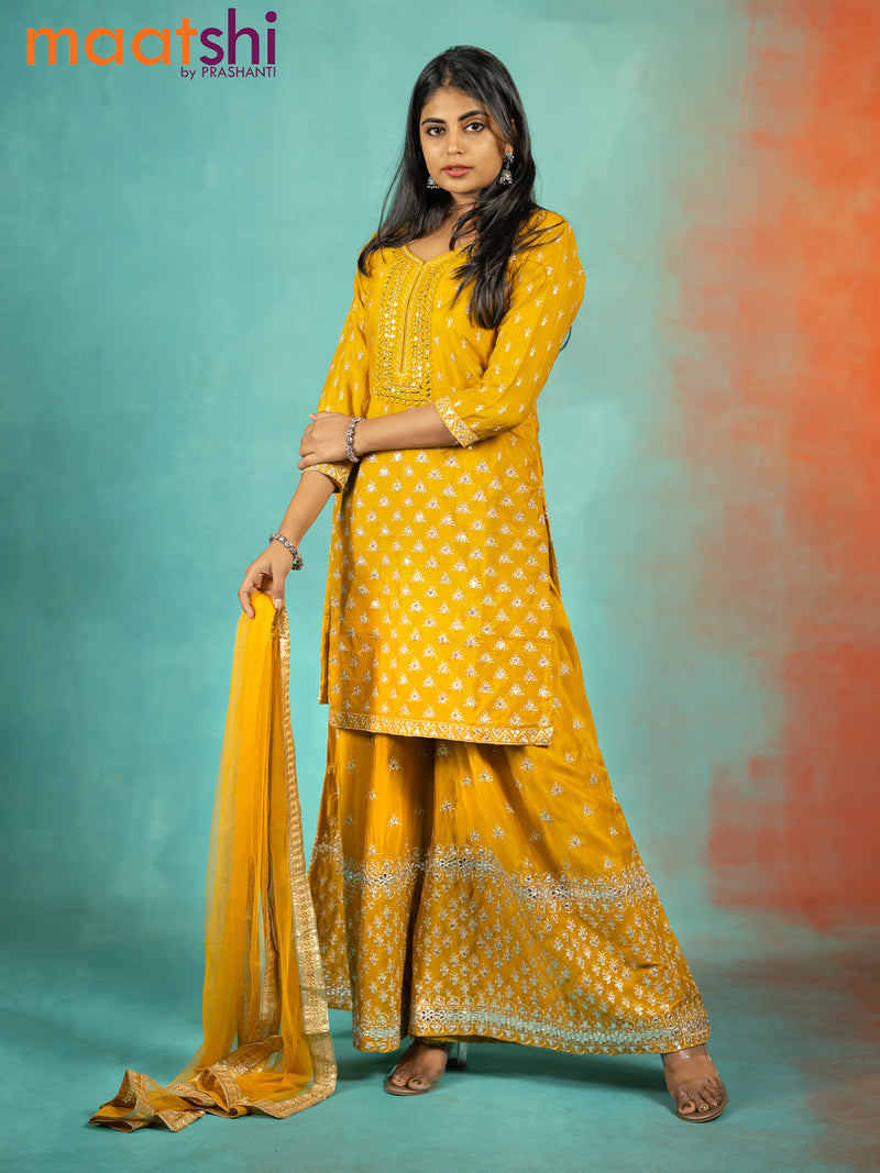 Silk georgette readymade kurti set mustard yellow with allover sequin & mirror work neck pattern and sharara pant & netted dupatta