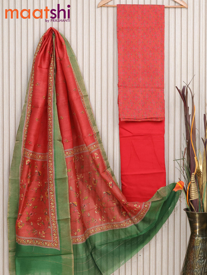 Munga tussar silk dress material red with allover bandhani prints and floral prints dupatta