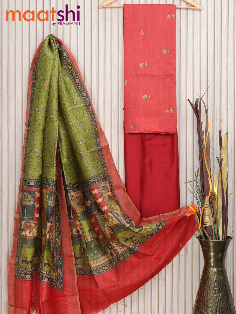 Munga tussar silk dress material red with pichwai style prints and floral prints dupatta