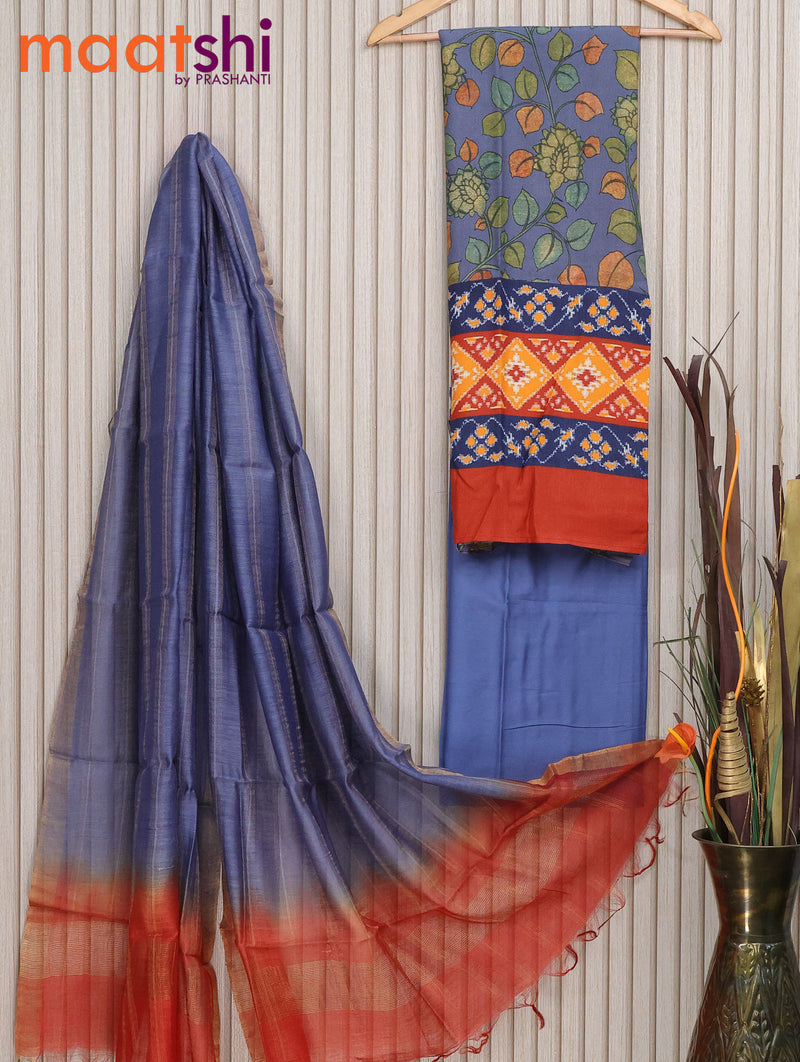 Munga tussar silk dress material blue shade with allover kalamkari prints & ikat style prints and zari stripe dupatta