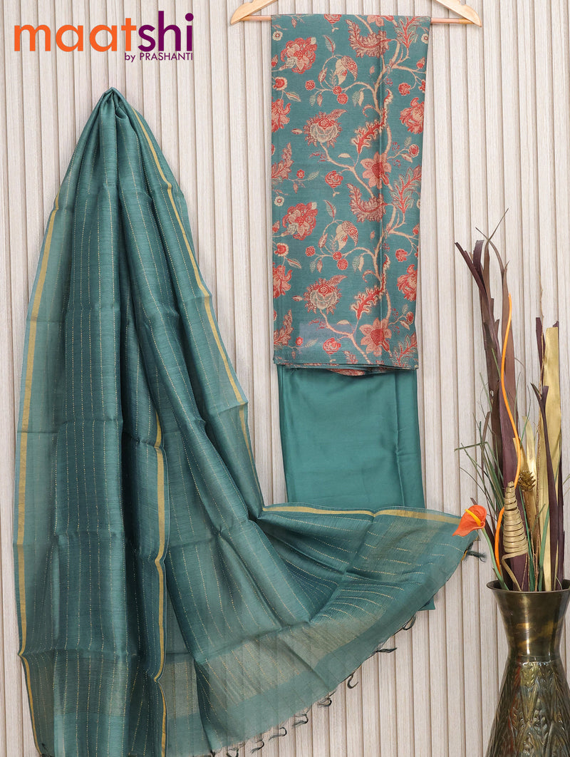 Munga tussar silk dress material pastel shade with allover kalamkari prints and zari stripe dupatta