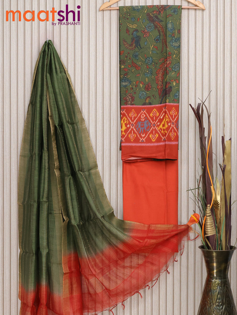 Munga tussar silk dress material sap green with allover kalamkari prints & ikat design and zari stripe dupatta
