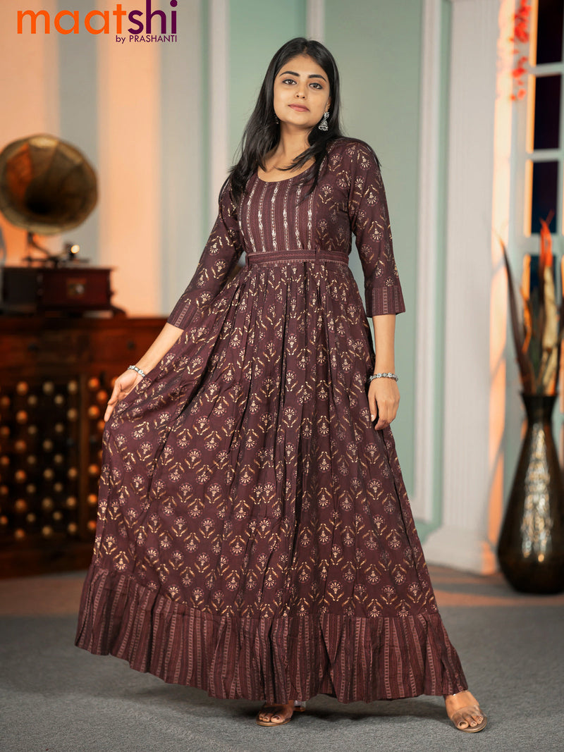 Modal readymade floor length kurti coffee brown with allover prints & kantha work neck pattern without pant
