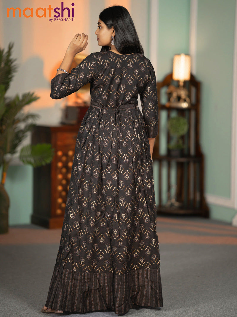 Modal readymade floor length kurti dark military green with allover prints & kantha work neck pattern without pant
