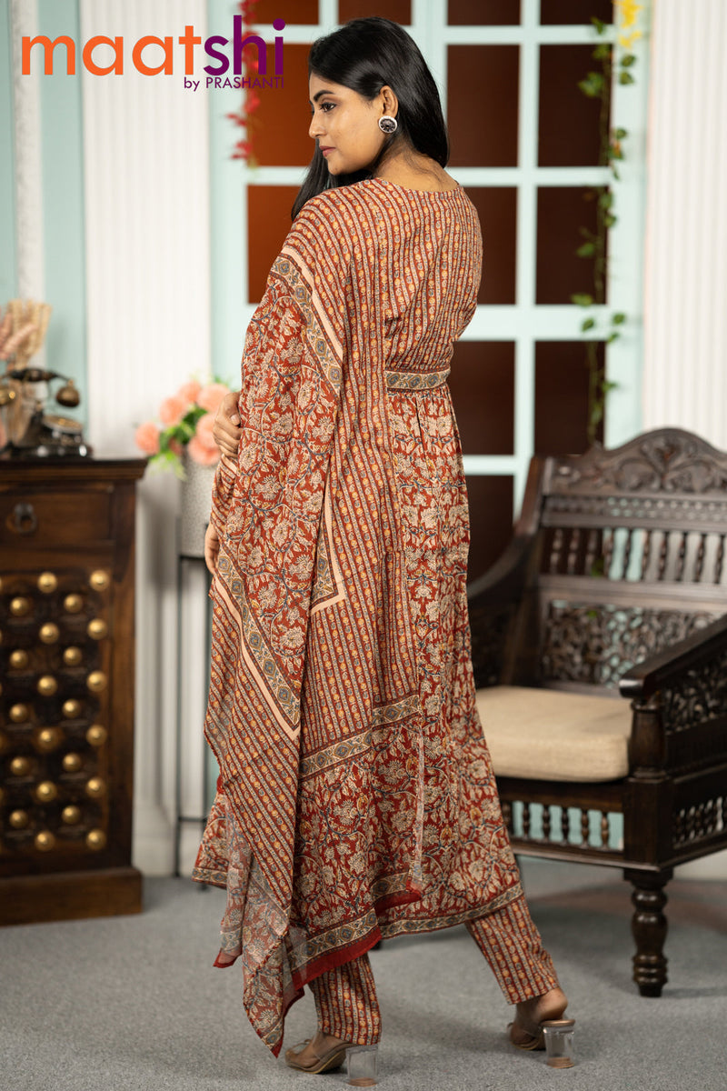 Cotton readymade alia cut kurti set maroon with allover kalamkari prints & alia cut neck pattern and straight cut pant & dupatta