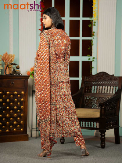 Cotton readymade alia cut kurti set maroon with allover kalamkari prints & alia cut neck pattern and straight cut pant & dupatta