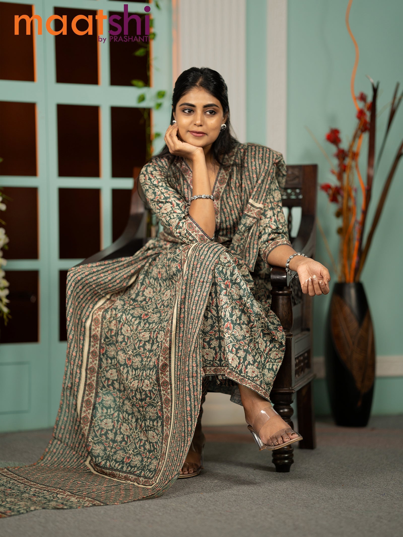 Cotton readymade alia cut kurti set green shade with allover kalamkari prints & alia cut neck pattern and straight cut pant & dupatta