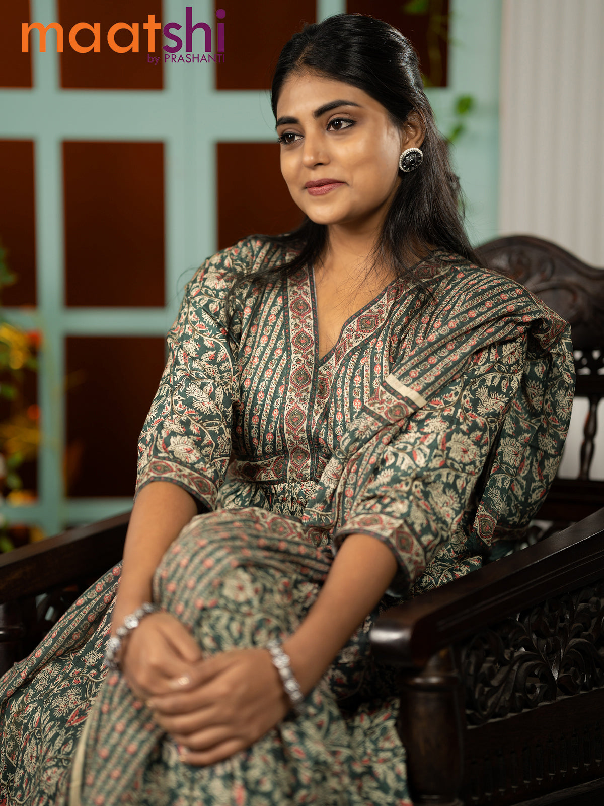 Cotton readymade alia cut kurti set green shade with allover kalamkari prints & alia cut neck pattern and straight cut pant & dupatta