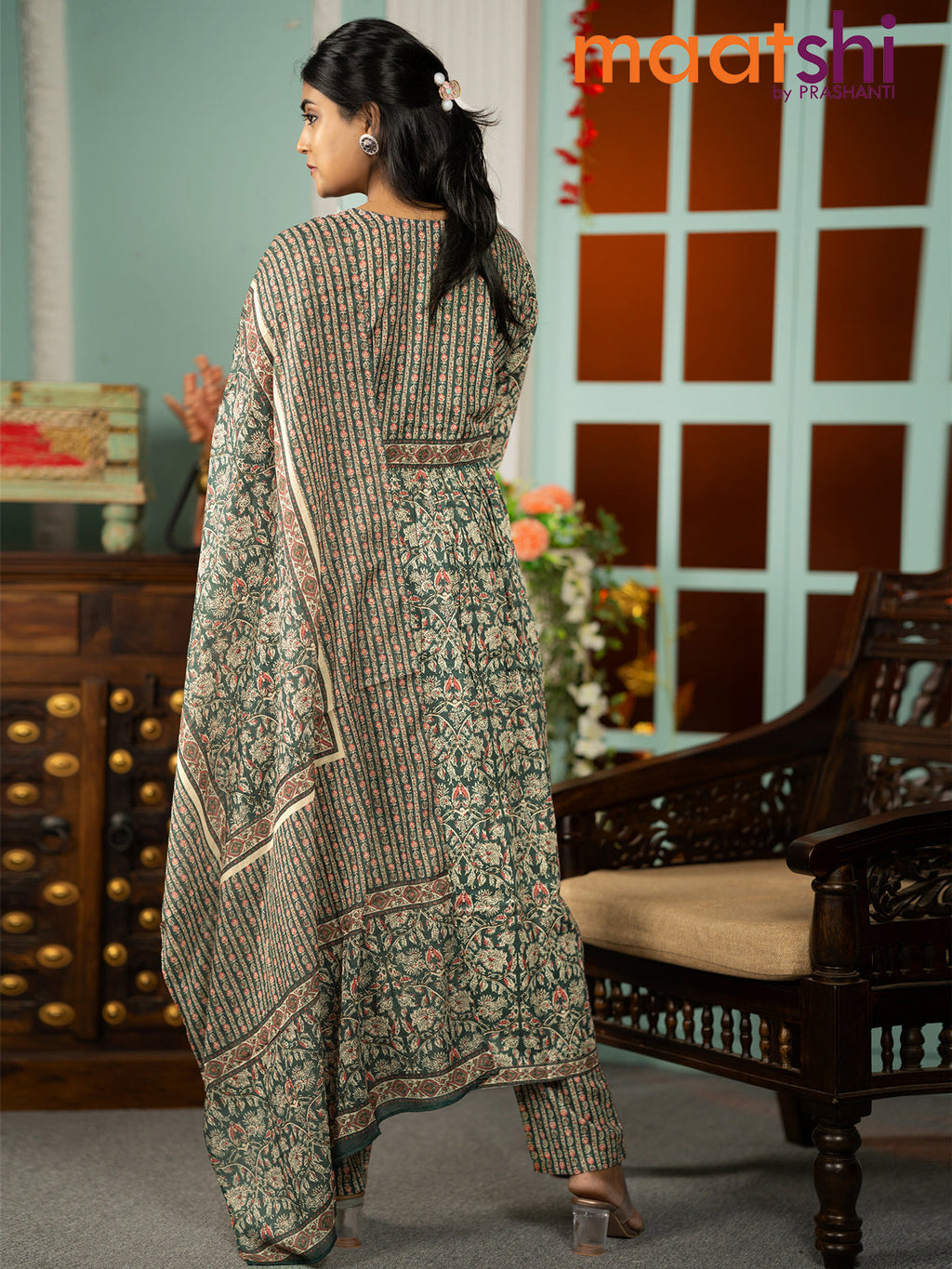 Cotton readymade alia cut kurti set green shade with allover kalamkari prints & alia cut neck pattern and straight cut pant & dupatta