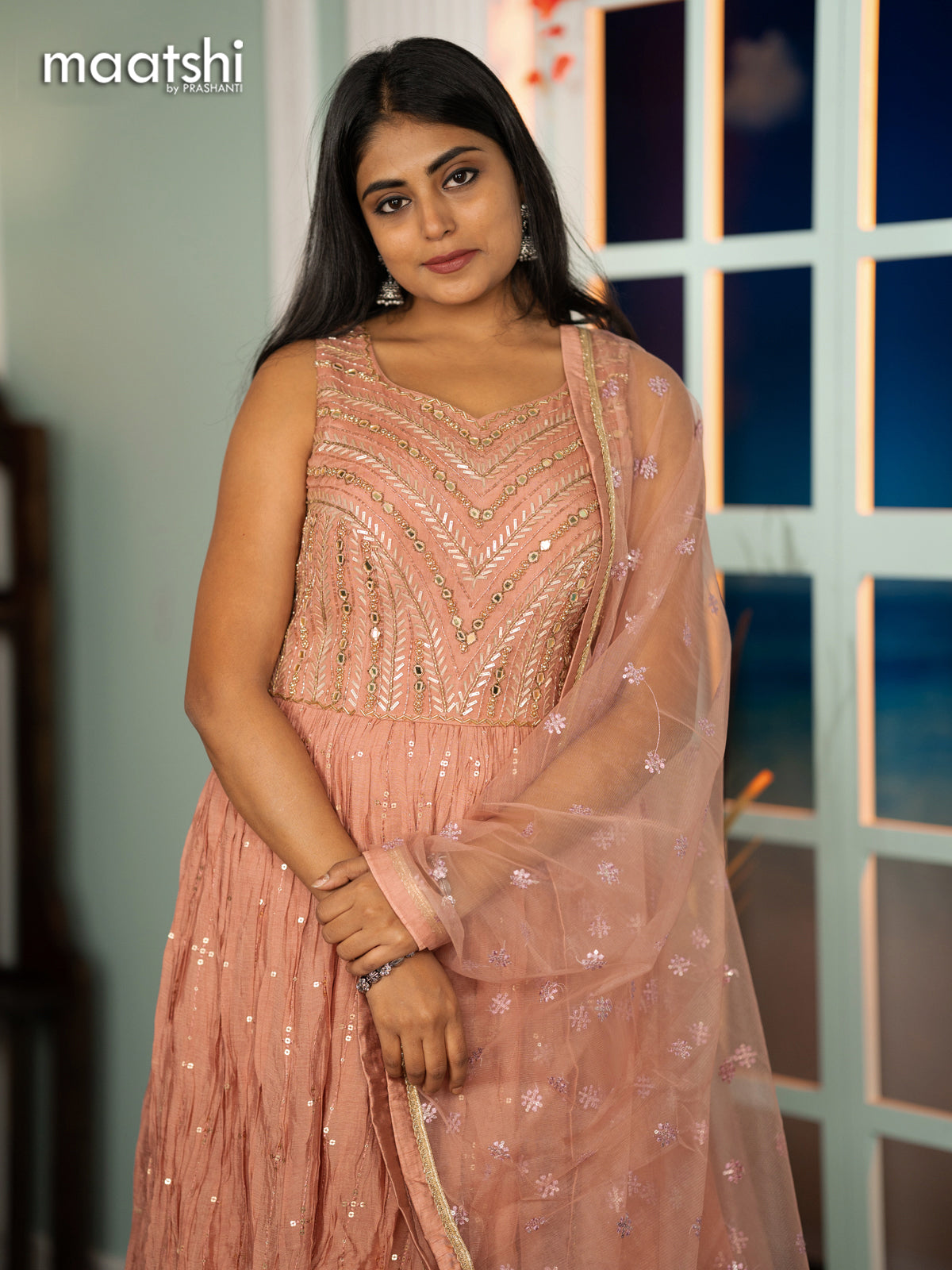 Silk georgette cancan anarkali kurti pastel peach with sequin work & mirror work neck pattern and netted dupatta and without pant