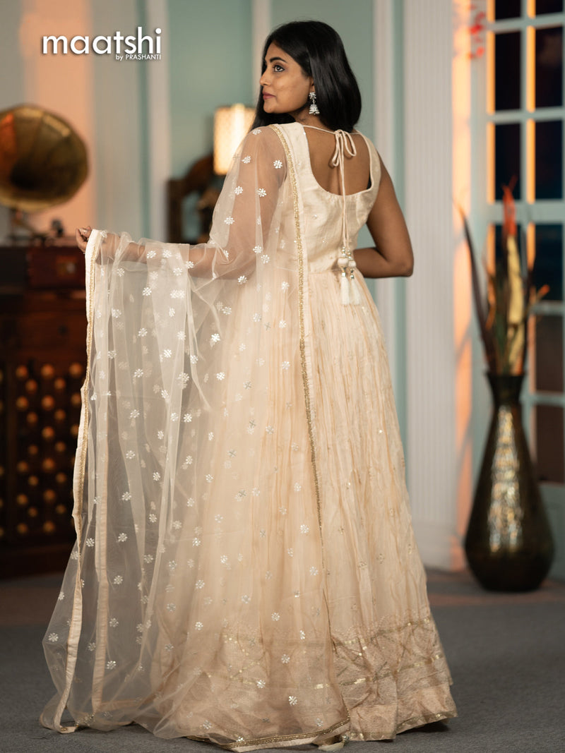 Silk georgette cancan anarkali kurti cream with sequin work & mirror work neck pattern and netted dupatta and without pant