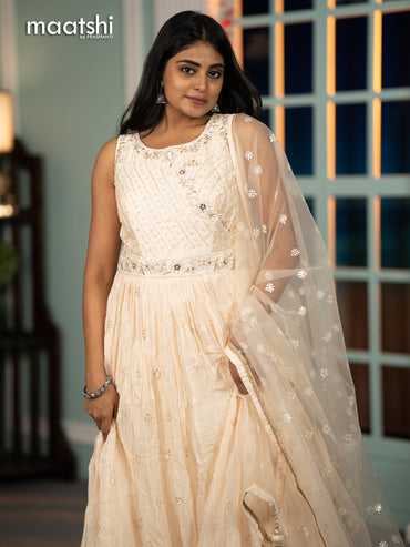 Silk georgette cancan anarkali kurti cream with sequin work & mirror work neck pattern and netted dupatta and without pant