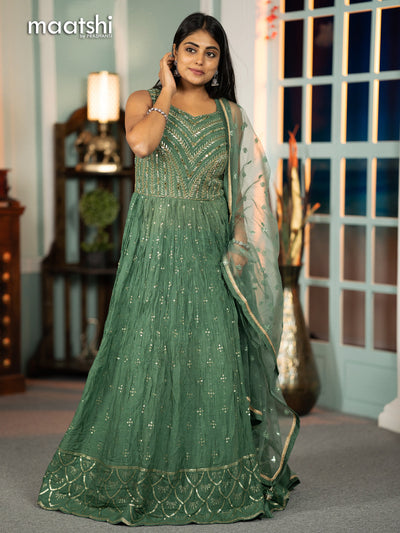 Silk georgette cancan anarkali kurti green with sequin work & mirror work neck pattern and netted dupatta and without pant