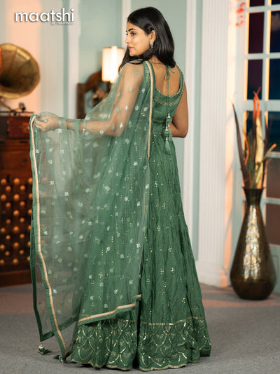 Silk georgette cancan anarkali kurti green with sequin work & mirror work neck pattern and netted dupatta and without pant