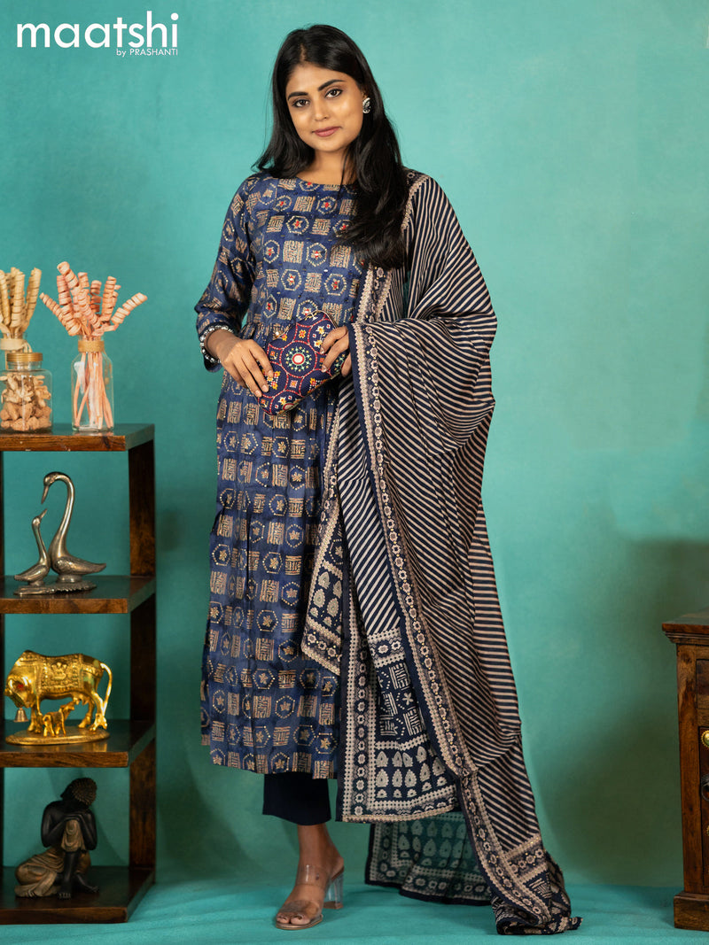 Modal readymade naira cut kurti set dark blue with allover prints & mirror work neck pattern and straight cut pant & printed dupatta
