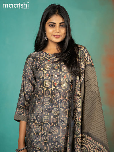 Modal readymade kurti set grey shade with allover prints & mirror work neck pattern and straight cut pant & printed dupatta