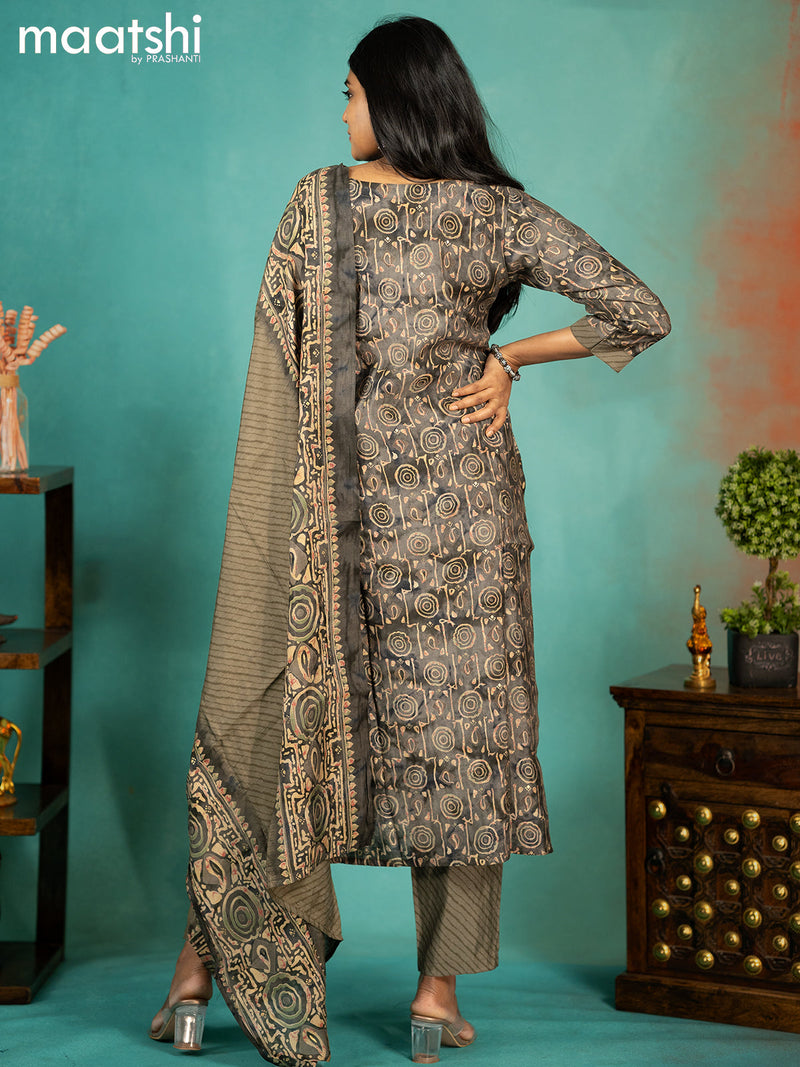 Modal readymade kurti set grey shade with allover prints & mirror work neck pattern and straight cut pant & printed dupatta