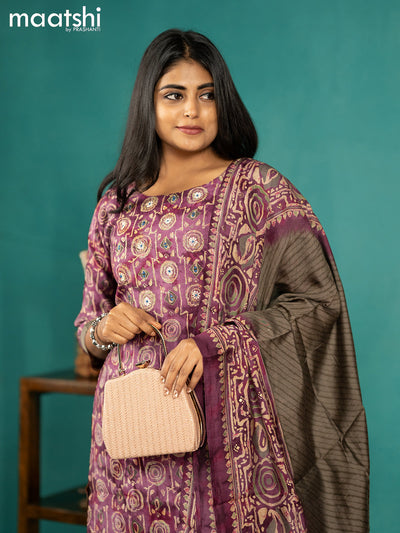 Modal readymade kurti set dark magenta pink and grey shade with allover prints & mirror work neck pattern and straight cut pant & printed dupatta