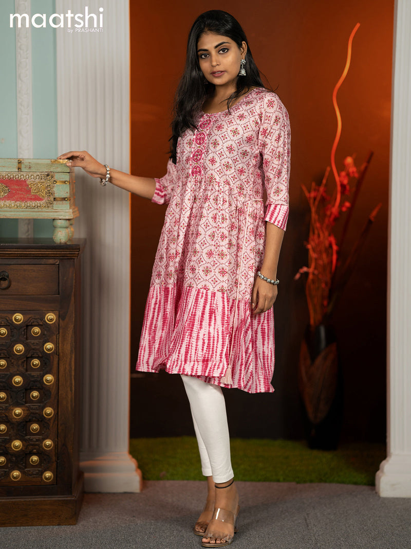 Modal readymade umbrella short kurti pastel pink with allover prints & beaded work neck pattern without pant
