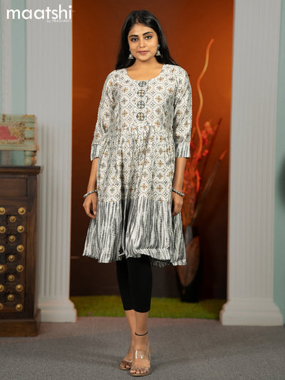 Modal readymade umbrella short kurti grey with allover prints & beaded work neck pattern without pant
