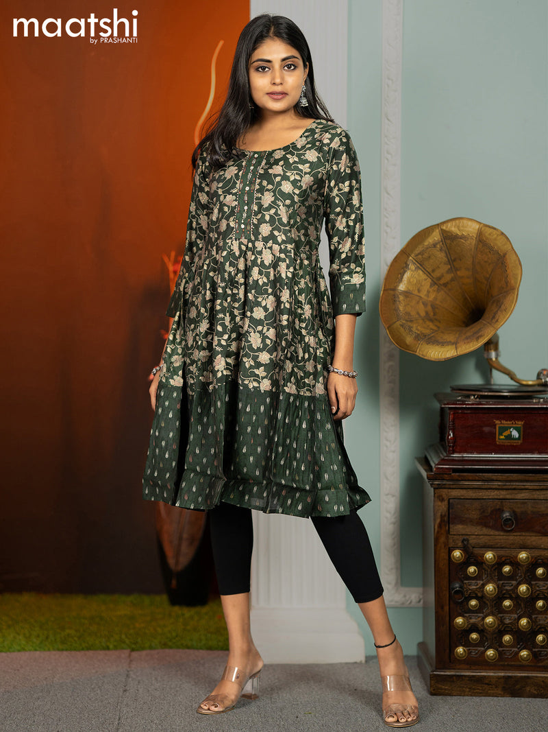 Modal readymade umbrella short kurti bottle green with allover floral prints without pant
