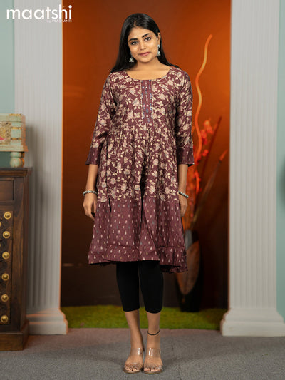 Modal readymade umbrella short kurti deep maroon with allover floral prints without pant