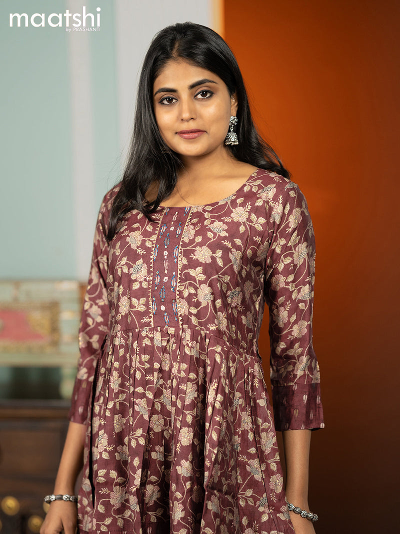 Modal readymade umbrella short kurti deep maroon with allover floral prints without pant