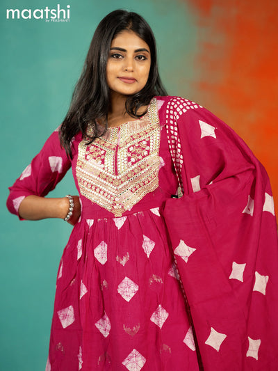 Soft cotton readymade naira cut kurti suit pink with allover batik prints & embroidery work neck pattern and palazzo pant & printed dupatta