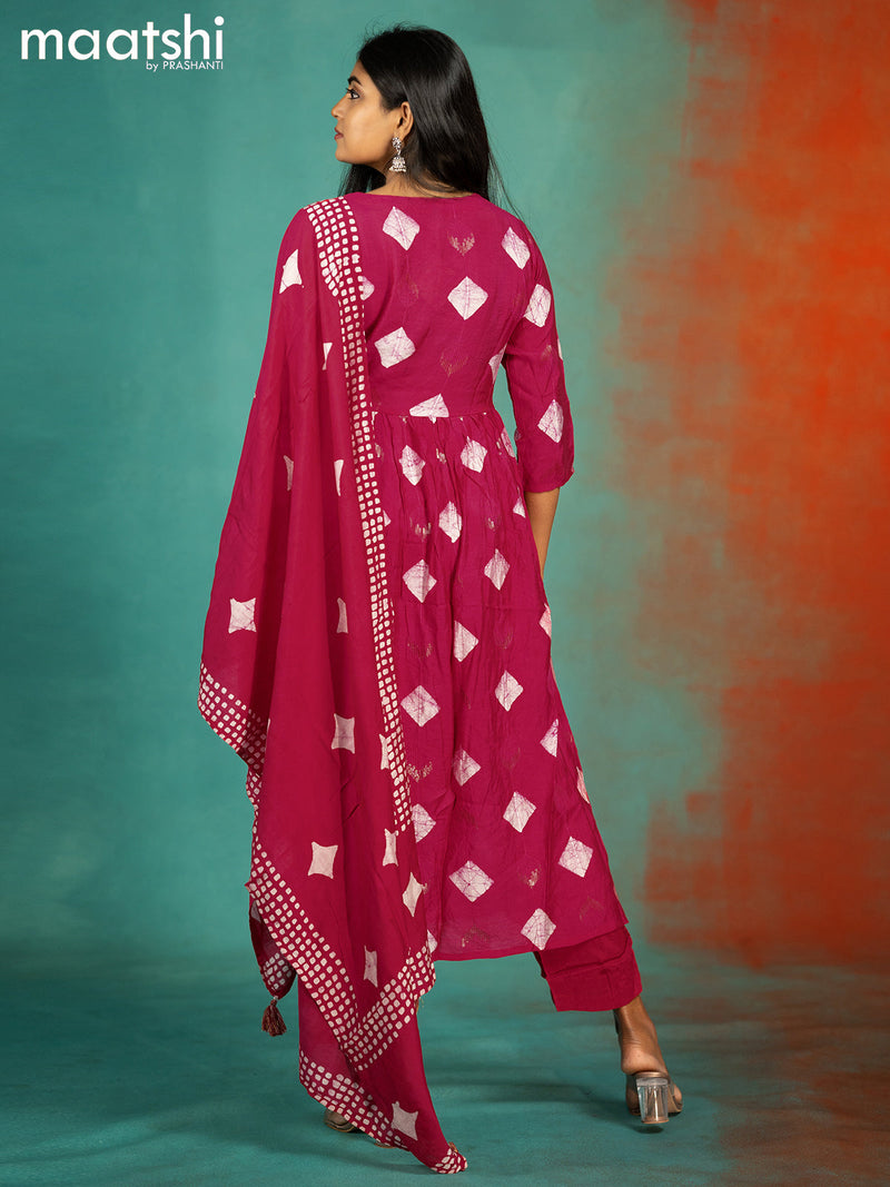 Soft cotton readymade naira cut kurti suit pink with allover batik prints & embroidery work neck pattern and palazzo pant & printed dupatta