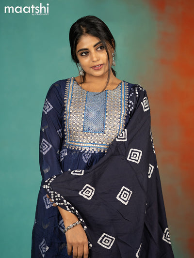 Soft cotton readymade naira cut kurti suit dark blue with allover batik prints & embroidery work neck pattern and palazzo pant & printed dupatta