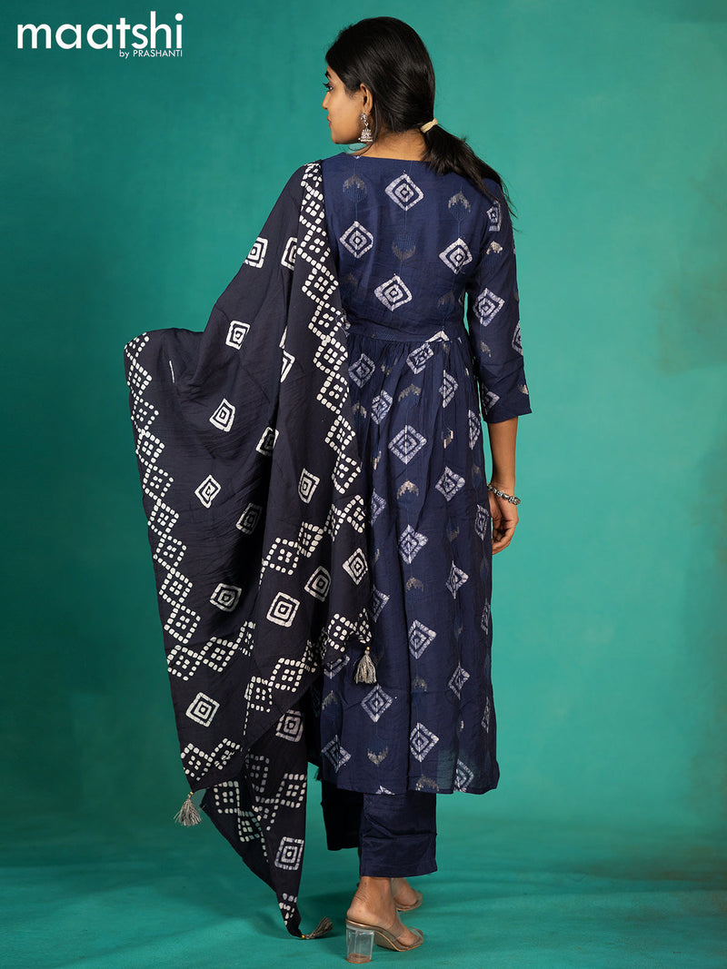 Soft cotton readymade naira cut kurti suit dark blue with allover batik prints & embroidery work neck pattern and palazzo pant & printed dupatta