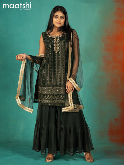 Silk georgette readymade kurti set dark green with allover sequin & embroidery work neck pattern and sharara pant & netted dupatta
