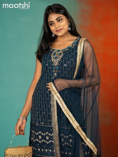 Silk georgette readymade kurti set peacock blue with allover sequin & embroidery work neck pattern and sharara pant & netted dupatta