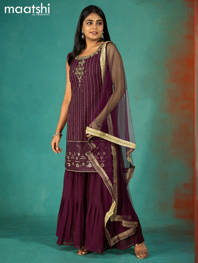 Silk georgette readymade kurti set deep purple with allover sequin & embroidery work neck pattern and sharara pant & netted dupatta