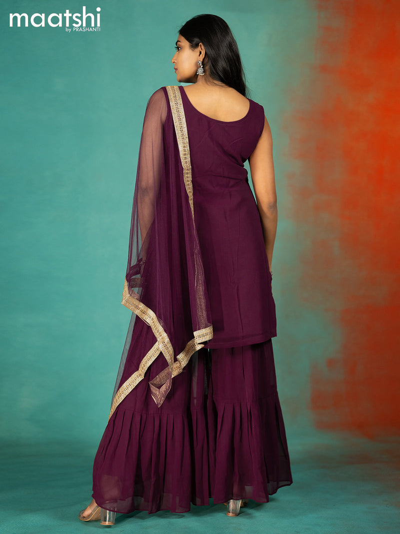 Silk georgette readymade kurti set deep purple with allover sequin & embroidery work neck pattern and sharara pant & netted dupatta