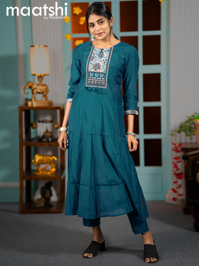 Muslin readymade umbrella kurti peacock blue with embroidery work neck pattern and straight cut pant