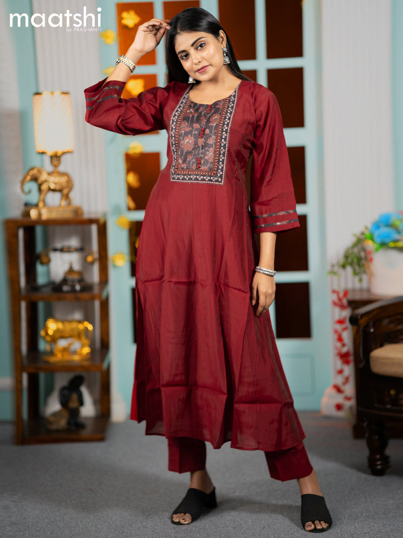 Muslin readymade umbrella kurti maroon with embroidery work neck pattern and straight cut pant