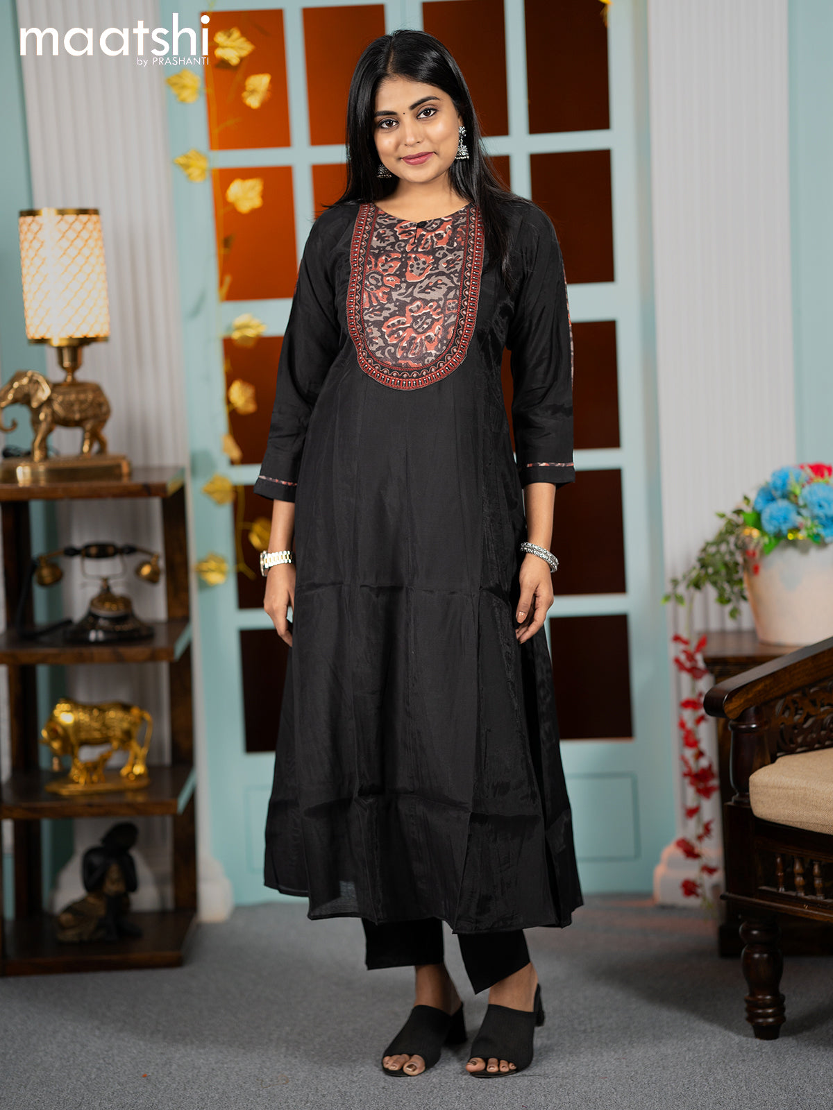 Muslin umbrella kurti black with embroidery work neck pattern and straight cut pant