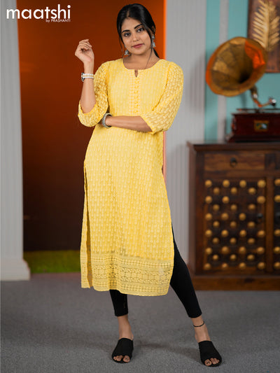 Georgette readymade kurti yellow with allover chikankari work without pant