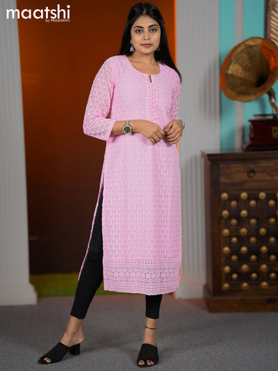 Georgette readymade kurti light pink with allover chikankari work without pant