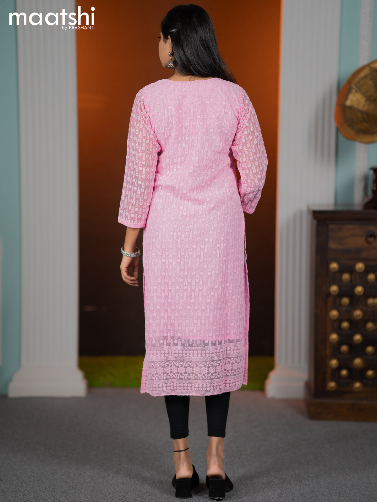 Georgette readymade kurti light pink with allover chikankari work without pant