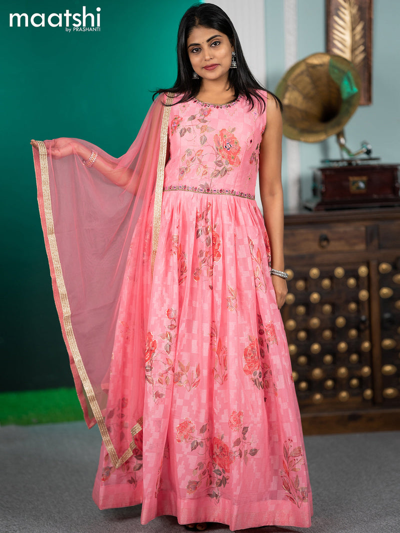 Chiffon readymade anarkali salwar suits light pink with floral prints & mirror embroidery work neck pattern and straight cut pant & netted dupatta